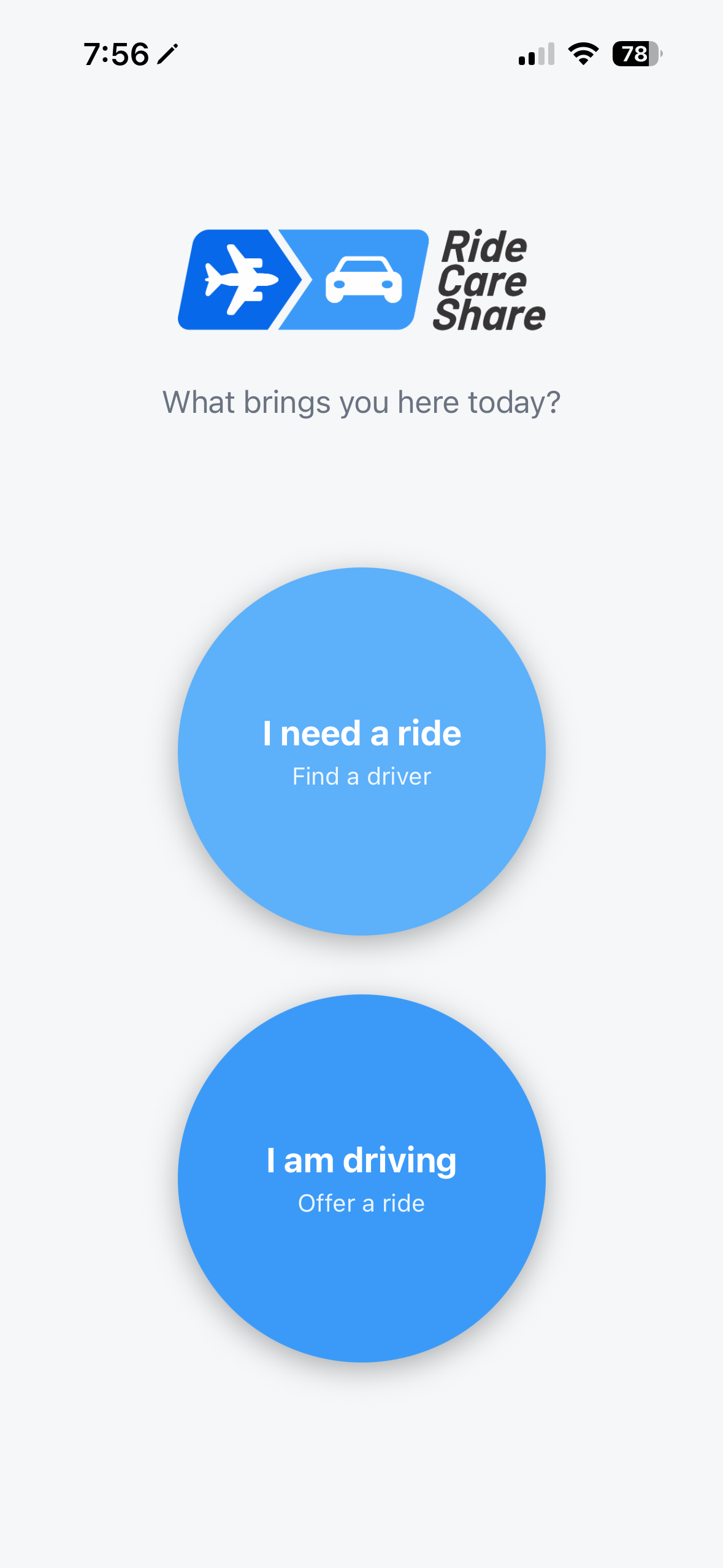 RideCareShare App - Choose your option