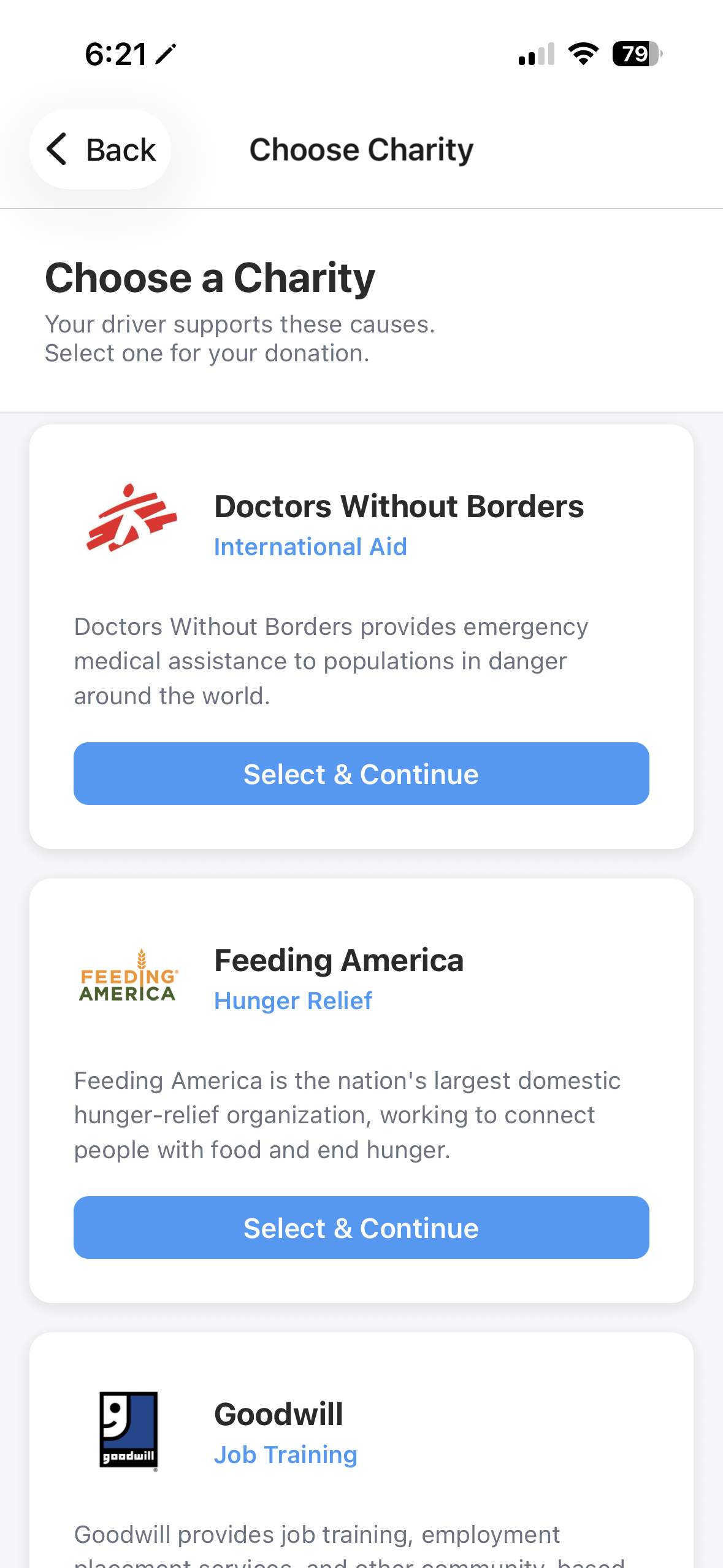 RideCareShare App - Choose Charity