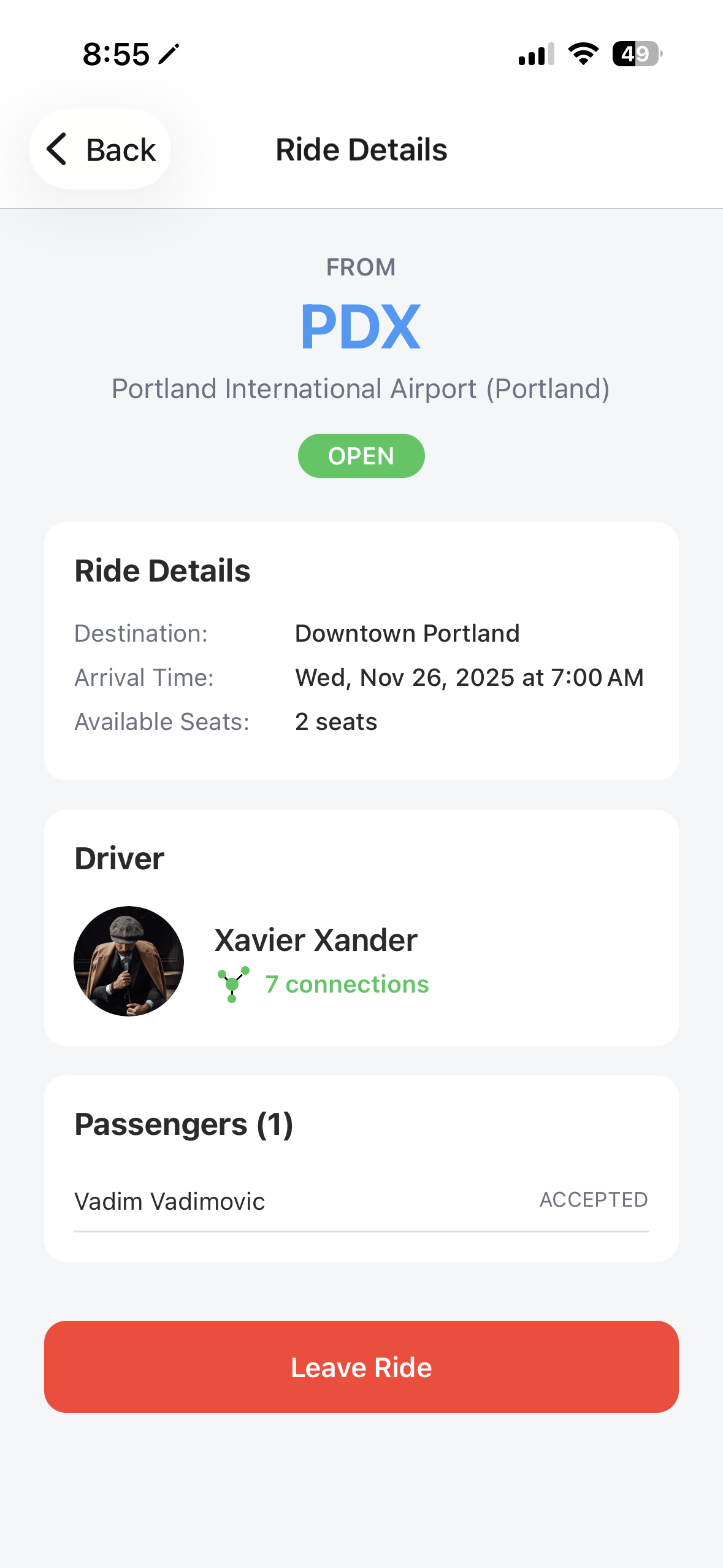 RideCareShare App - Ride Details