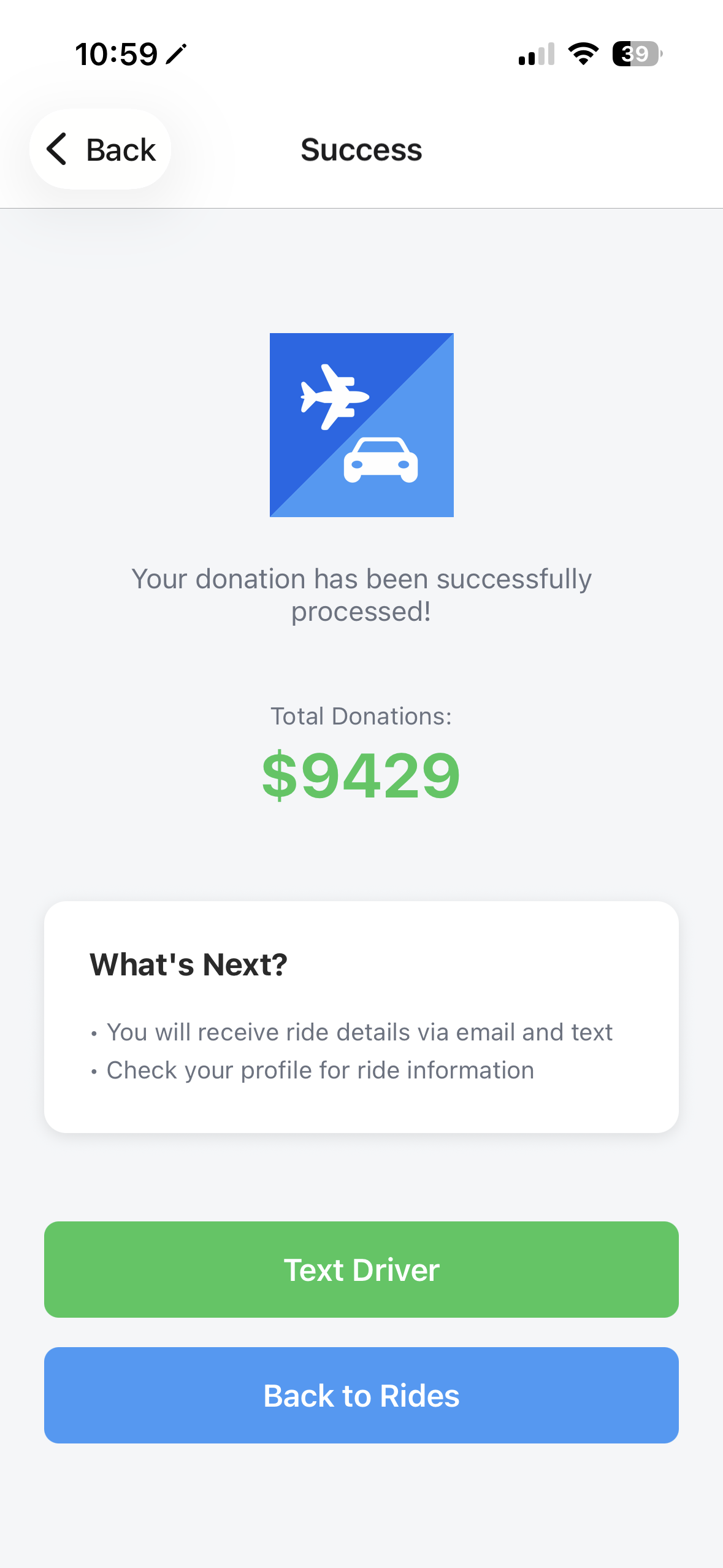 RideCareShare App - Success Screen
